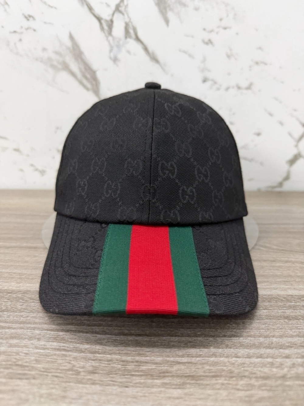 Gucci Black GG Canvas Cap with Red and Green Web Stripe